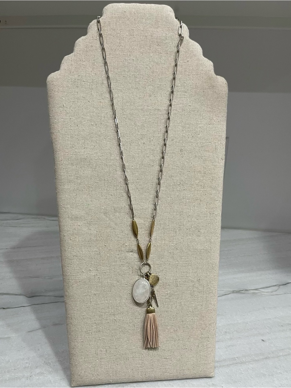 Stella & Dot Mixed Metal Necklace with Blush Tassel and White Stone